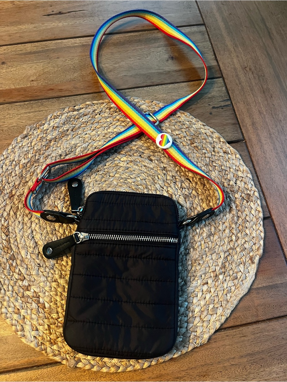 SONDRA ROBERTS SQUARED Black Quilted Crossbody with Rainbow Strap; like new!NWOT
